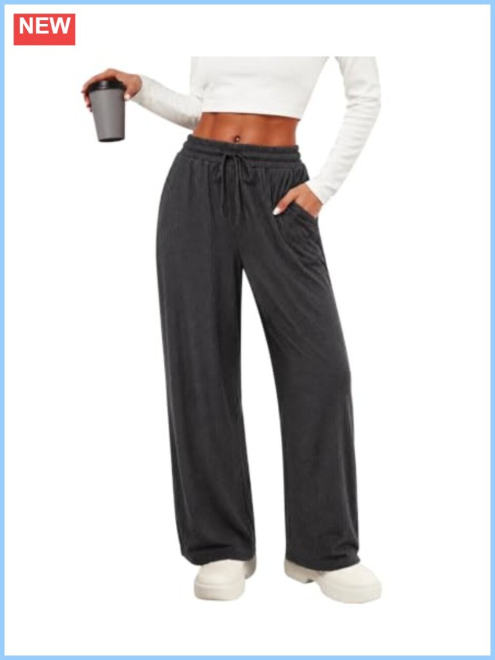 Womens Ribbed Knit Wide Leg Lounge Pants High Waist Drawstring Pockets